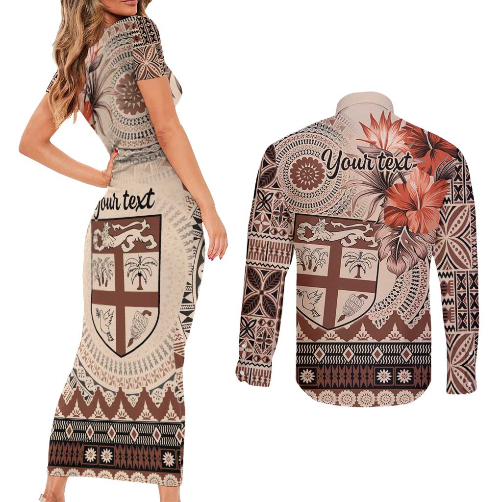 Vintage Bula Fiji Personalised Couples Matching Short Sleeve Bodycon Dress and Long Sleeve Button Shirt Beige Hibiscus Tapa Pattern LT9 - Polynesian Pride