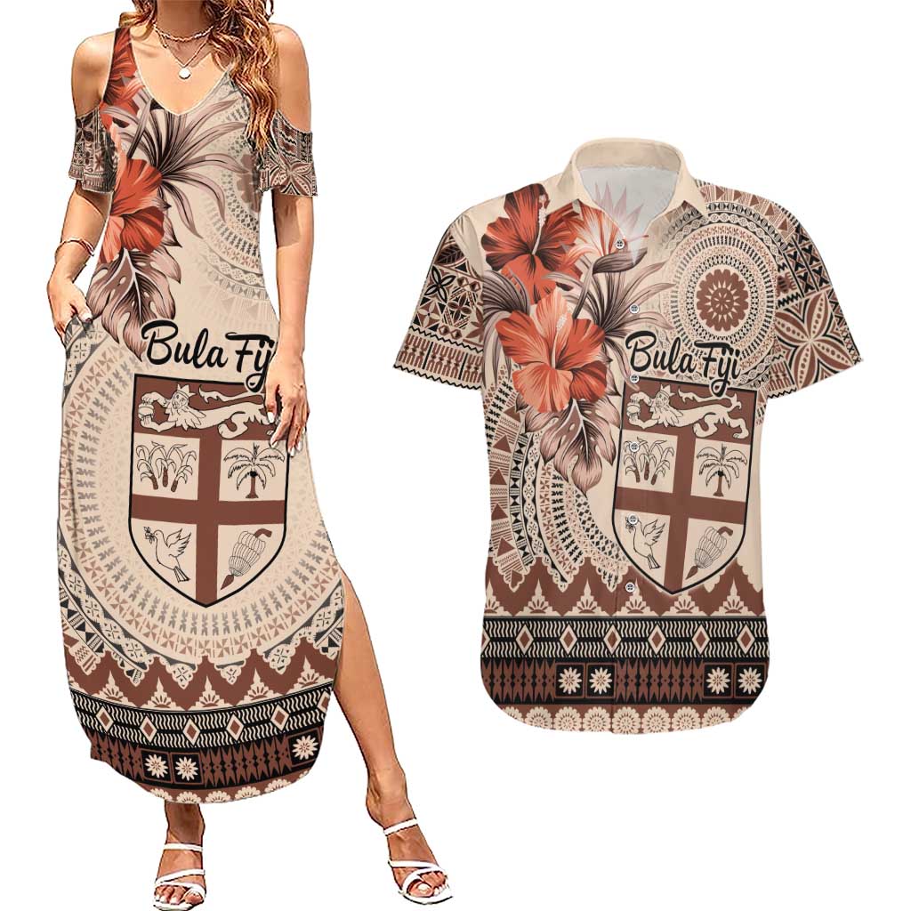 Vintage Bula Fiji Personalised Couples Matching Summer Maxi Dress and Hawaiian Shirt Beige Hibiscus Tapa Pattern LT9 Beige - Polynesian Pride