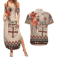 Vintage Bula Fiji Personalised Couples Matching Summer Maxi Dress and Hawaiian Shirt Beige Hibiscus Tapa Pattern LT9 Beige - Polynesian Pride