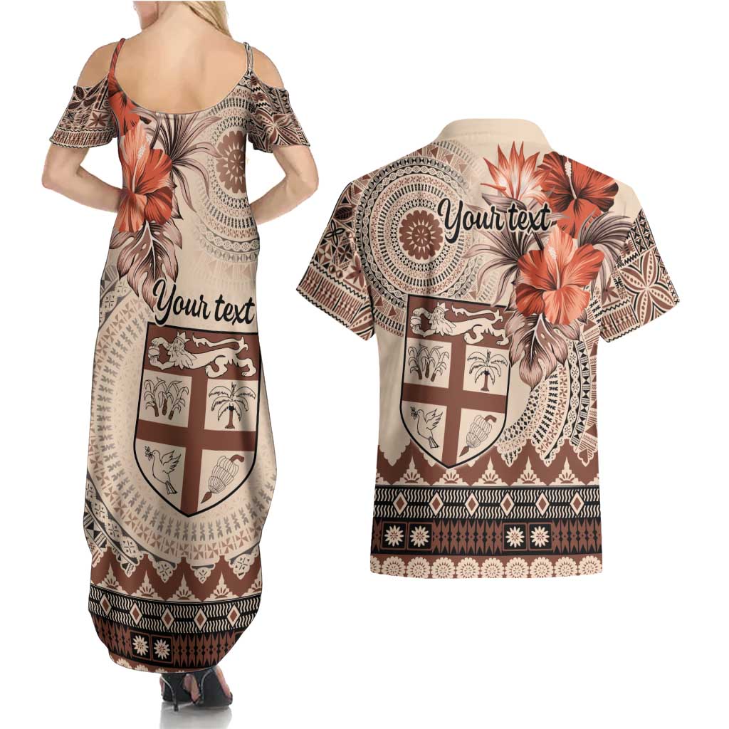 Vintage Bula Fiji Personalised Couples Matching Summer Maxi Dress and Hawaiian Shirt Beige Hibiscus Tapa Pattern LT9 - Polynesian Pride