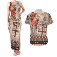 Vintage Bula Fiji Personalised Couples Matching Tank Maxi Dress and Hawaiian Shirt Beige Hibiscus Tapa Pattern LT9 Beige - Polynesian Pride
