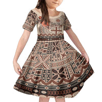 Vintage Bula Fiji Personalised Family Matching Long Sleeve Bodycon Dress and Hawaiian Shirt Beige Hibiscus Tapa Pattern LT9 Daughter's Dress Beige - Polynesian Pride