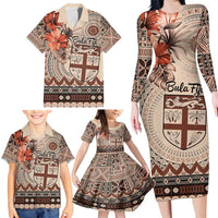 Vintage Bula Fiji Personalised Family Matching Long Sleeve Bodycon Dress and Hawaiian Shirt Beige Hibiscus Tapa Pattern LT9 - Polynesian Pride