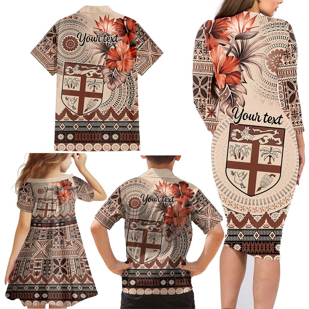 Vintage Bula Fiji Personalised Family Matching Long Sleeve Bodycon Dress and Hawaiian Shirt Beige Hibiscus Tapa Pattern LT9 - Polynesian Pride