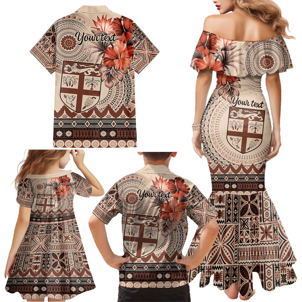 Vintage Bula Fiji Personalised Family Matching Mermaid Dress and Hawaiian Shirt Beige Hibiscus Tapa Pattern LT9 - Polynesian Pride