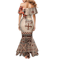 Vintage Bula Fiji Personalised Family Matching Mermaid Dress and Hawaiian Shirt Beige Hibiscus Tapa Pattern LT9 - Polynesian Pride