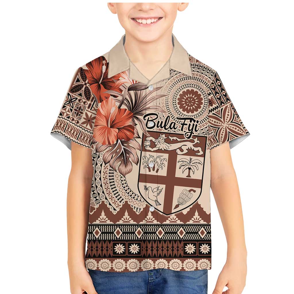 Vintage Bula Fiji Personalised Family Matching Mermaid Dress and Hawaiian Shirt Beige Hibiscus Tapa Pattern LT9 Son's Shirt Beige - Polynesian Pride