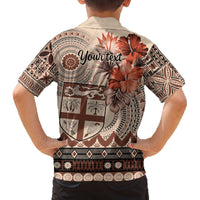 Vintage Bula Fiji Personalised Family Matching Off The Shoulder Long Sleeve Dress and Hawaiian Shirt Beige Hibiscus Tapa Pattern LT9 - Polynesian Pride