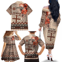 Vintage Bula Fiji Personalised Family Matching Off The Shoulder Long Sleeve Dress and Hawaiian Shirt Beige Hibiscus Tapa Pattern LT9 - Polynesian Pride