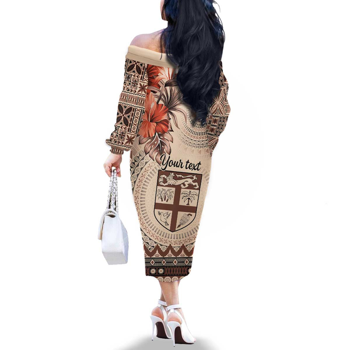 Vintage Bula Fiji Personalised Family Matching Off The Shoulder Long Sleeve Dress and Hawaiian Shirt Beige Hibiscus Tapa Pattern LT9 - Polynesian Pride