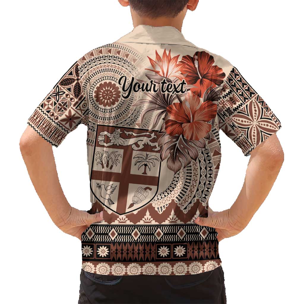 Vintage Bula Fiji Personalised Family Matching Off Shoulder Maxi Dress and Hawaiian Shirt Beige Hibiscus Tapa Pattern LT9 - Polynesian Pride