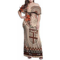 Vintage Bula Fiji Personalised Family Matching Off Shoulder Maxi Dress and Hawaiian Shirt Beige Hibiscus Tapa Pattern LT9 Mom's Dress Beige - Polynesian Pride