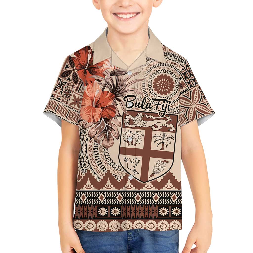 Vintage Bula Fiji Personalised Family Matching Off Shoulder Maxi Dress and Hawaiian Shirt Beige Hibiscus Tapa Pattern LT9 Son's Shirt Beige - Polynesian Pride