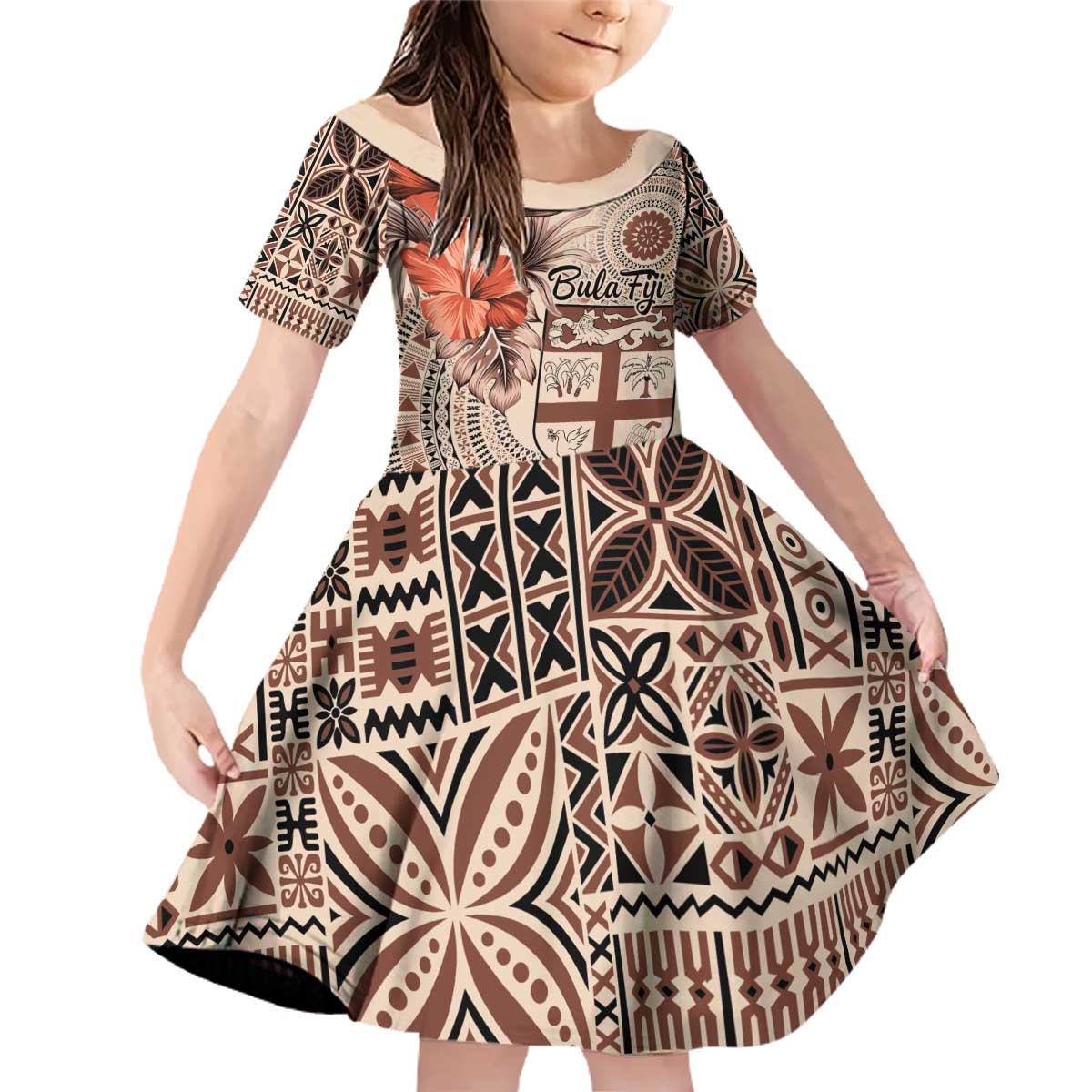 Vintage Bula Fiji Personalised Family Matching Off Shoulder Short Dress and Hawaiian Shirt Beige Hibiscus Tapa Pattern LT9 Daughter's Dress Beige - Polynesian Pride