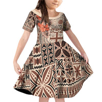 Vintage Bula Fiji Personalised Family Matching Off Shoulder Short Dress and Hawaiian Shirt Beige Hibiscus Tapa Pattern LT9 Daughter's Dress Beige - Polynesian Pride