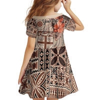 Vintage Bula Fiji Personalised Family Matching Off Shoulder Short Dress and Hawaiian Shirt Beige Hibiscus Tapa Pattern LT9 - Polynesian Pride