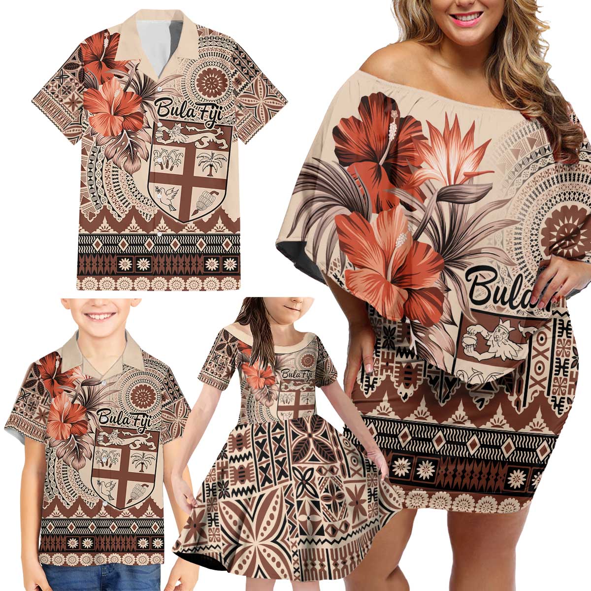 Vintage Bula Fiji Personalised Family Matching Off Shoulder Short Dress and Hawaiian Shirt Beige Hibiscus Tapa Pattern LT9 - Polynesian Pride