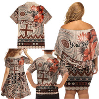 Vintage Bula Fiji Personalised Family Matching Off Shoulder Short Dress and Hawaiian Shirt Beige Hibiscus Tapa Pattern LT9 - Polynesian Pride