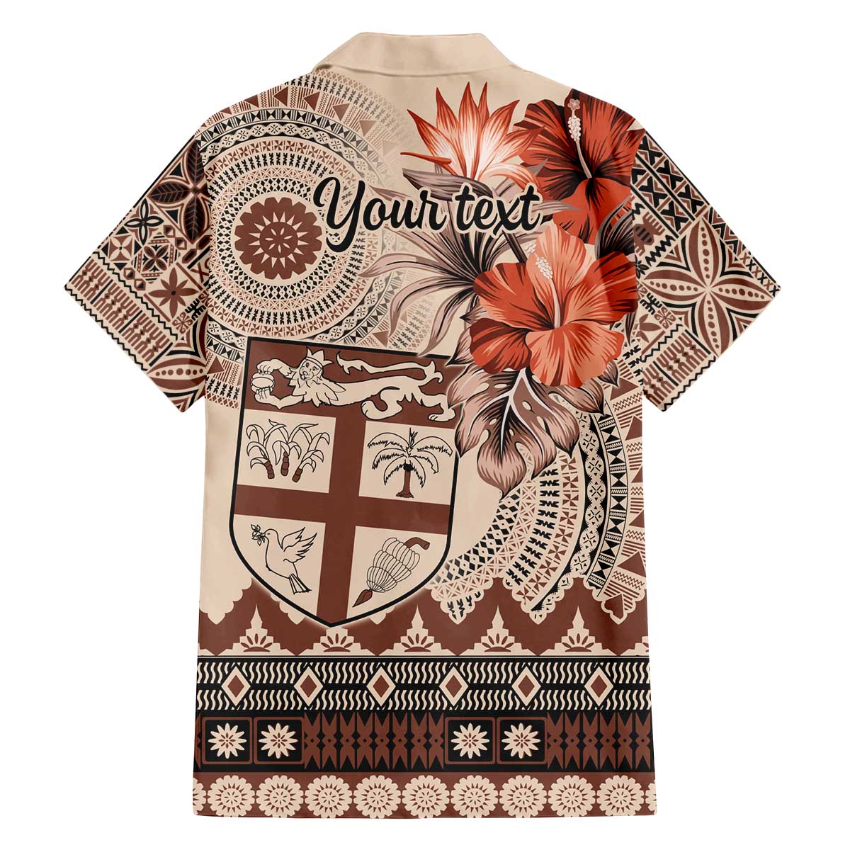 Vintage Bula Fiji Personalised Family Matching Off Shoulder Short Dress and Hawaiian Shirt Beige Hibiscus Tapa Pattern LT9 - Polynesian Pride