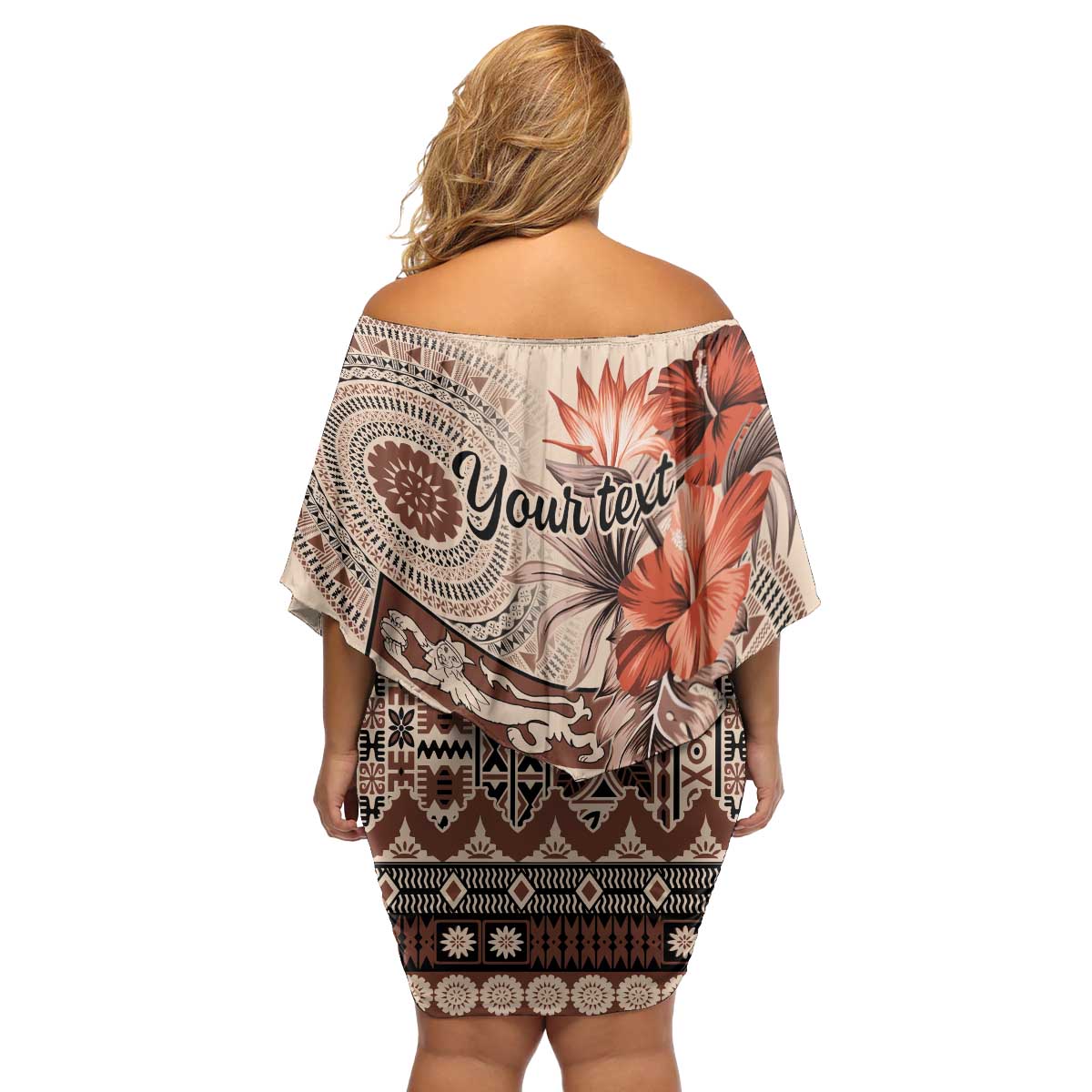 Vintage Bula Fiji Personalised Family Matching Off Shoulder Short Dress and Hawaiian Shirt Beige Hibiscus Tapa Pattern LT9 - Polynesian Pride