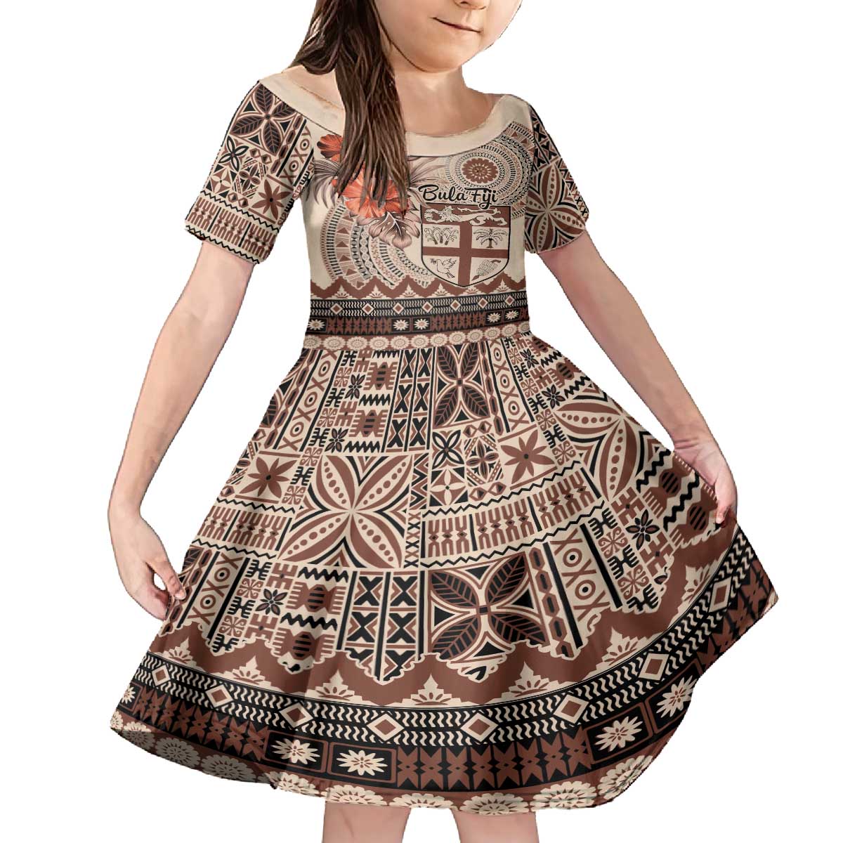 Vintage Bula Fiji Personalised Family Matching Puletasi and Hawaiian Shirt Beige Hibiscus Tapa Pattern LT9 Daughter's Dress Beige - Polynesian Pride