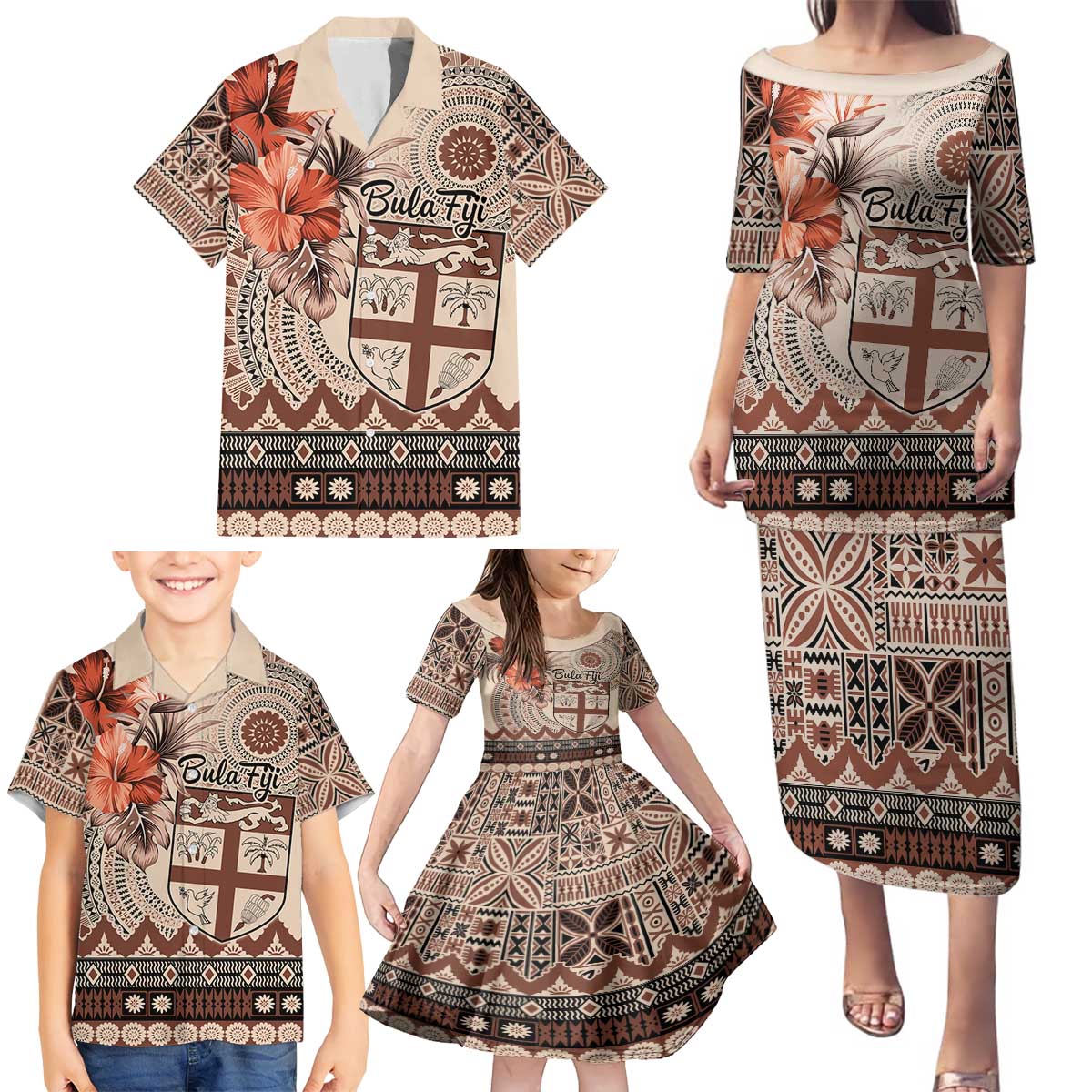 Vintage Bula Fiji Personalised Family Matching Puletasi and Hawaiian Shirt Beige Hibiscus Tapa Pattern LT9 - Polynesian Pride