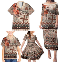 Vintage Bula Fiji Personalised Family Matching Puletasi and Hawaiian Shirt Beige Hibiscus Tapa Pattern LT9 - Polynesian Pride