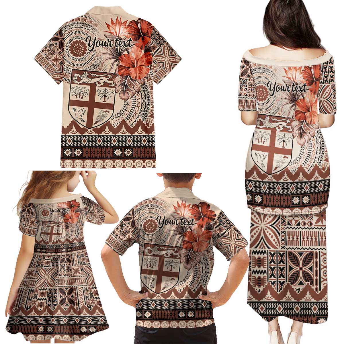 Vintage Bula Fiji Personalised Family Matching Puletasi and Hawaiian Shirt Beige Hibiscus Tapa Pattern LT9 - Polynesian Pride
