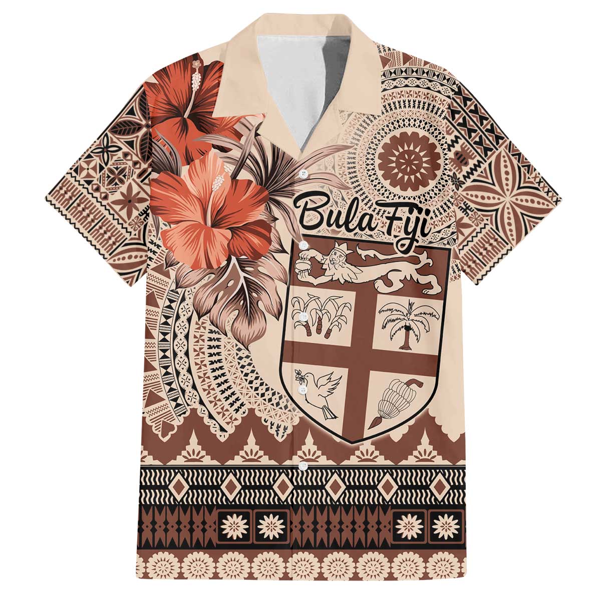Vintage Bula Fiji Personalised Family Matching Puletasi and Hawaiian Shirt Beige Hibiscus Tapa Pattern LT9 Dad's Shirt - Short Sleeve Beige - Polynesian Pride