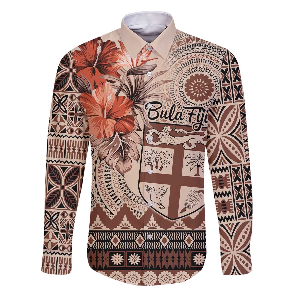 Vintage Bula Fiji Personalised Family Matching Puletasi and Hawaiian Shirt Beige Hibiscus Tapa Pattern LT9 Dad's Shirt - Long Sleeve Beige - Polynesian Pride