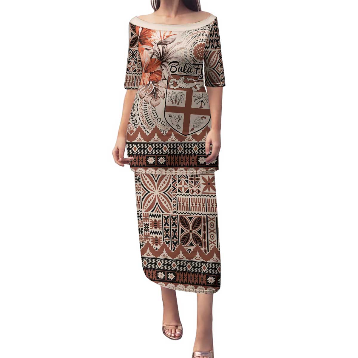 Vintage Bula Fiji Personalised Family Matching Puletasi and Hawaiian Shirt Beige Hibiscus Tapa Pattern LT9 Mom's Dress Beige - Polynesian Pride