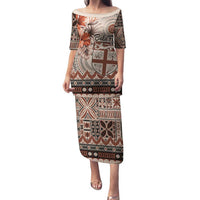 Vintage Bula Fiji Personalised Family Matching Puletasi and Hawaiian Shirt Beige Hibiscus Tapa Pattern LT9 Mom's Dress Beige - Polynesian Pride
