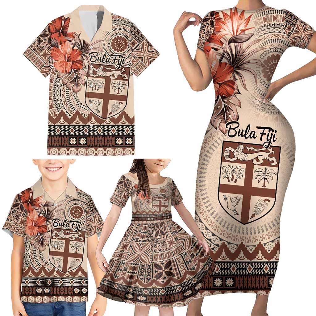 Vintage Bula Fiji Personalised Family Matching Short Sleeve Bodycon Dress and Hawaiian Shirt Beige Hibiscus Tapa Pattern LT9 - Polynesian Pride