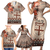 Vintage Bula Fiji Personalised Family Matching Short Sleeve Bodycon Dress and Hawaiian Shirt Beige Hibiscus Tapa Pattern LT9 - Polynesian Pride