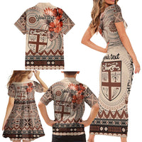 Vintage Bula Fiji Personalised Family Matching Short Sleeve Bodycon Dress and Hawaiian Shirt Beige Hibiscus Tapa Pattern LT9 - Polynesian Pride