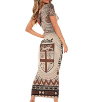 Vintage Bula Fiji Personalised Family Matching Short Sleeve Bodycon Dress and Hawaiian Shirt Beige Hibiscus Tapa Pattern LT9 - Polynesian Pride