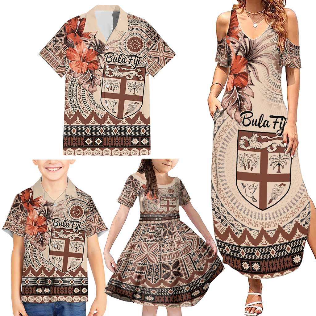 Vintage Bula Fiji Personalised Family Matching Summer Maxi Dress and Hawaiian Shirt Beige Hibiscus Tapa Pattern LT9 - Polynesian Pride