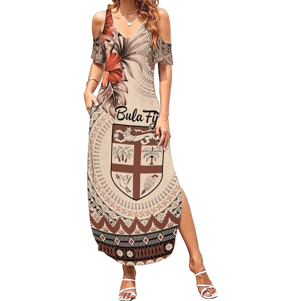 Vintage Bula Fiji Personalised Family Matching Summer Maxi Dress and Hawaiian Shirt Beige Hibiscus Tapa Pattern LT9 Mom's Dress Beige - Polynesian Pride