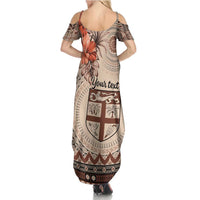 Vintage Bula Fiji Personalised Family Matching Summer Maxi Dress and Hawaiian Shirt Beige Hibiscus Tapa Pattern LT9 - Polynesian Pride