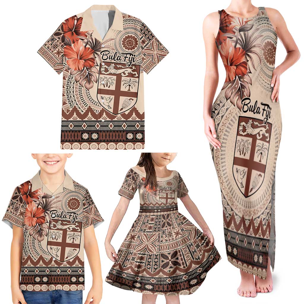 Vintage Bula Fiji Personalised Family Matching Tank Maxi Dress and Hawaiian Shirt Beige Hibiscus Tapa Pattern LT9 - Polynesian Pride