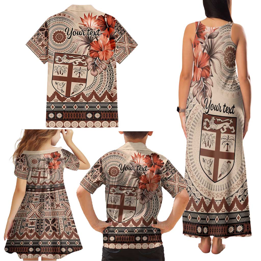 Vintage Bula Fiji Personalised Family Matching Tank Maxi Dress and Hawaiian Shirt Beige Hibiscus Tapa Pattern LT9 - Polynesian Pride