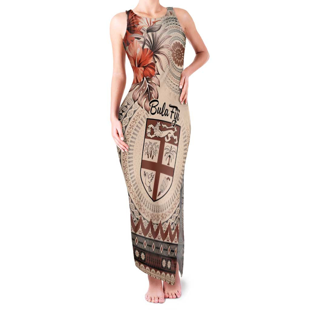 Vintage Bula Fiji Personalised Family Matching Tank Maxi Dress and Hawaiian Shirt Beige Hibiscus Tapa Pattern LT9 Mom's Dress Beige - Polynesian Pride