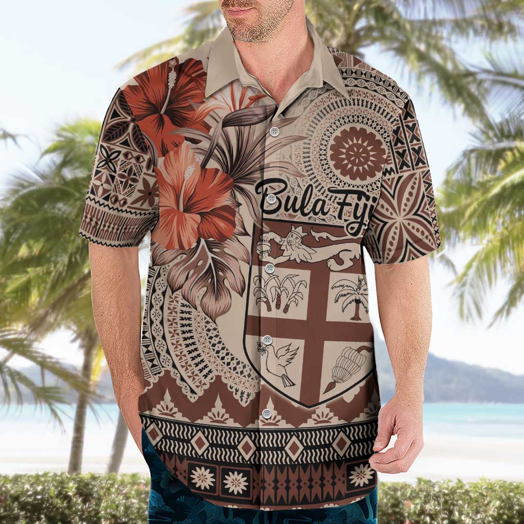 Vintage Bula Fiji Personalised Hawaiian Shirt Beige Hibiscus Tapa Pattern