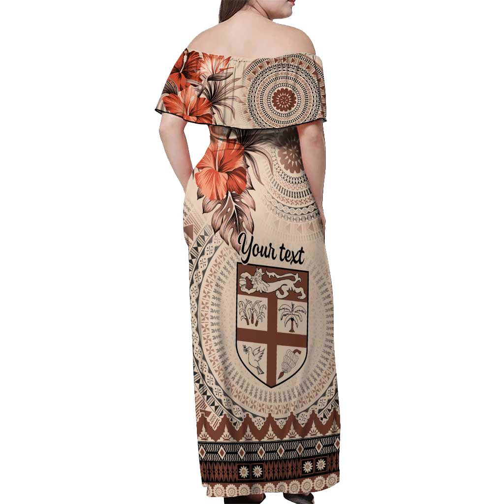 Vintage Bula Fiji Personalised Off Shoulder Maxi Dress Beige Hibiscus Tapa Pattern LT9 - Polynesian Pride