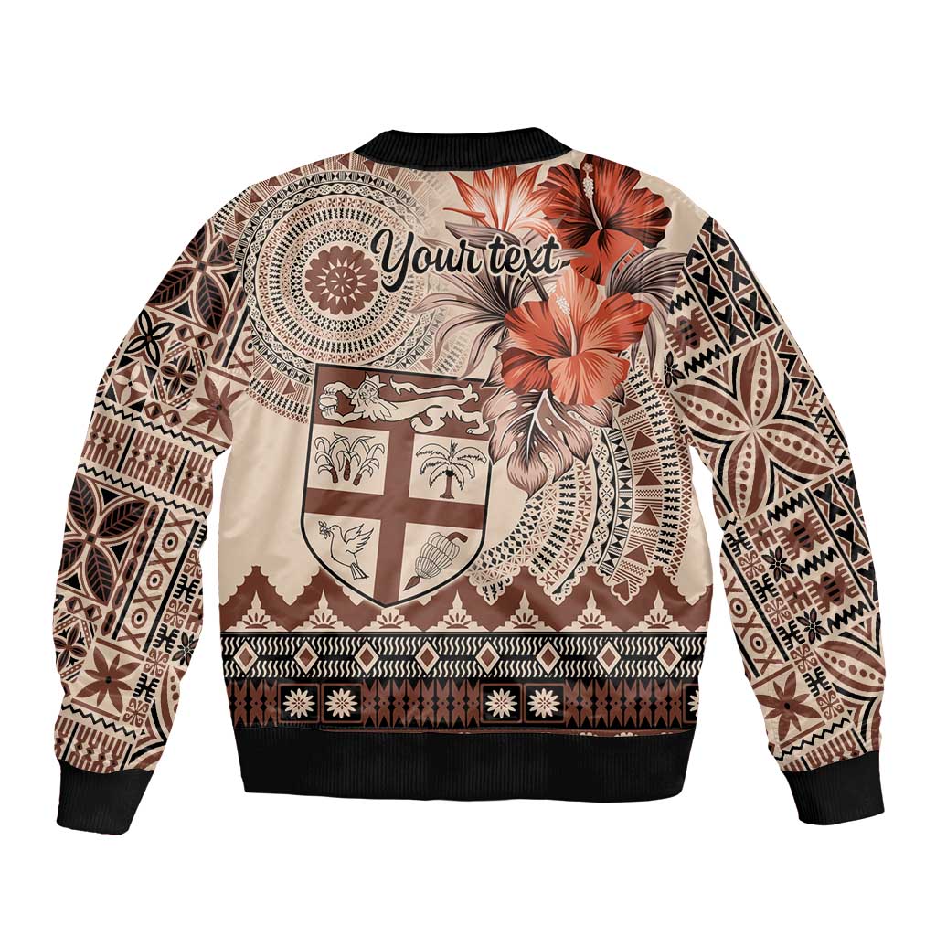 Vintage Bula Fiji Personalised Sleeve Zip Bomber Jacket Beige Hibiscus Tapa Pattern
