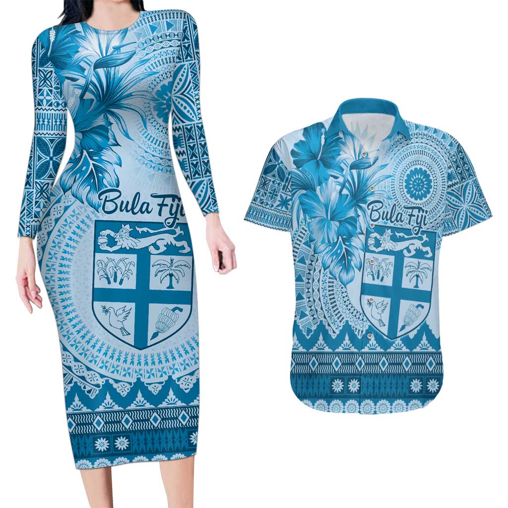 Vintage Bula Fiji Personalised Couples Matching Long Sleeve Bodycon Dress and Hawaiian Shirt Blue Hibiscus Tapa Pattern LT9 Blue - Polynesian Pride