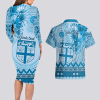 Vintage Bula Fiji Personalised Couples Matching Long Sleeve Bodycon Dress and Hawaiian Shirt Blue Hibiscus Tapa Pattern LT9 - Polynesian Pride