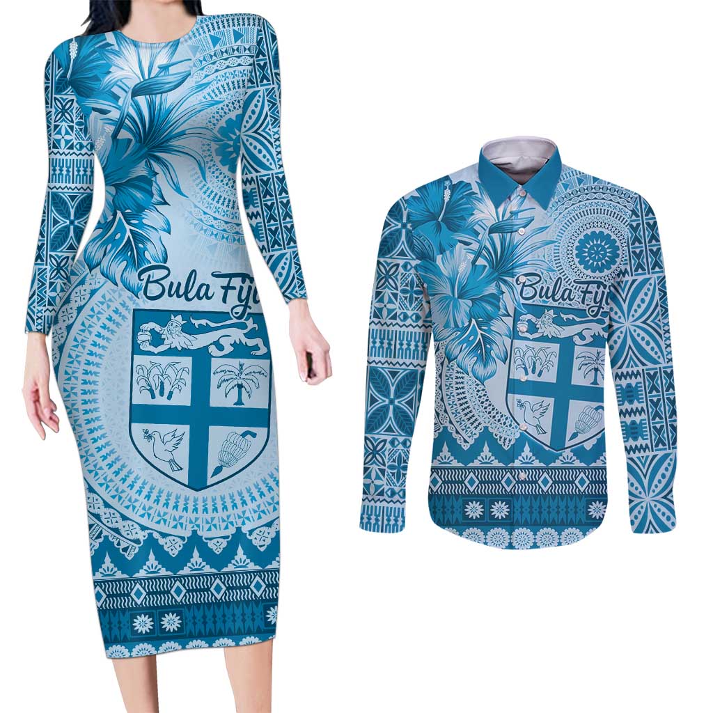 Vintage Bula Fiji Personalised Couples Matching Long Sleeve Bodycon Dress and Long Sleeve Button Shirt Blue Hibiscus Tapa Pattern LT9 Blue - Polynesian Pride