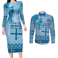 Vintage Bula Fiji Personalised Couples Matching Long Sleeve Bodycon Dress and Long Sleeve Button Shirt Blue Hibiscus Tapa Pattern LT9 Blue - Polynesian Pride