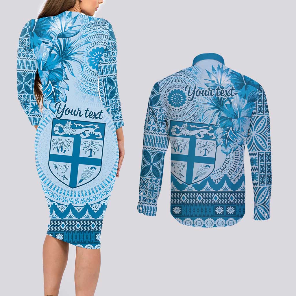 Vintage Bula Fiji Personalised Couples Matching Long Sleeve Bodycon Dress and Long Sleeve Button Shirt Blue Hibiscus Tapa Pattern LT9 - Polynesian Pride